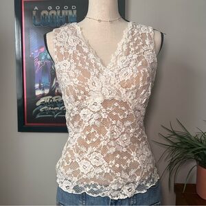 CAbi White Floral Lace V-Neck Camisole